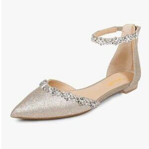 XYD Gold Glitter Pointed Toe D'Orsay Rhinestones Ankle Strap Low Heel Sandals